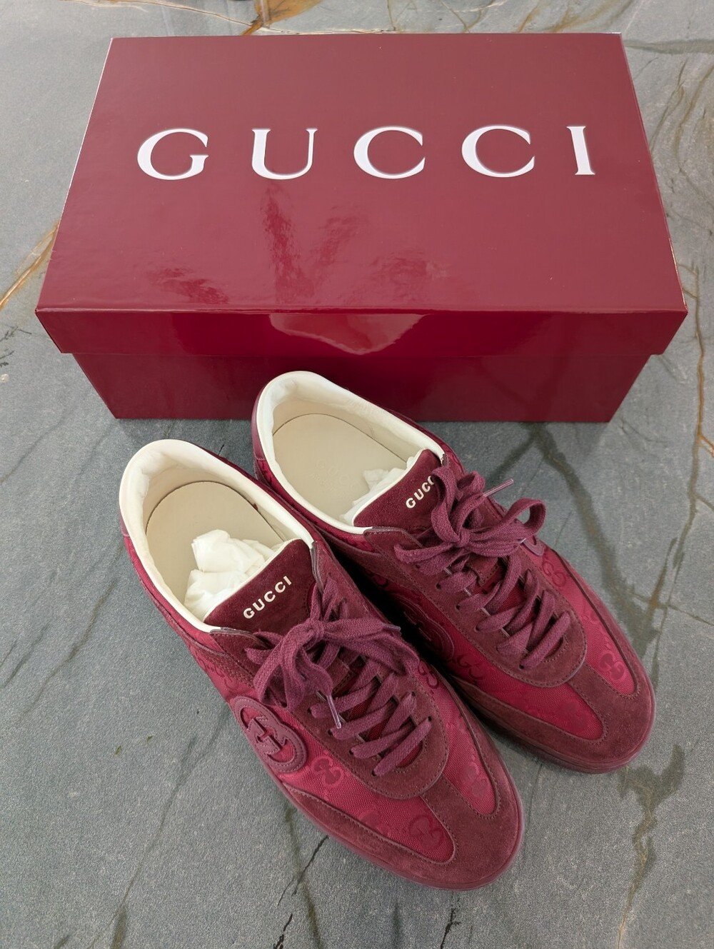 Gucci Wine Red Suede Logo Low-Top Sneakers